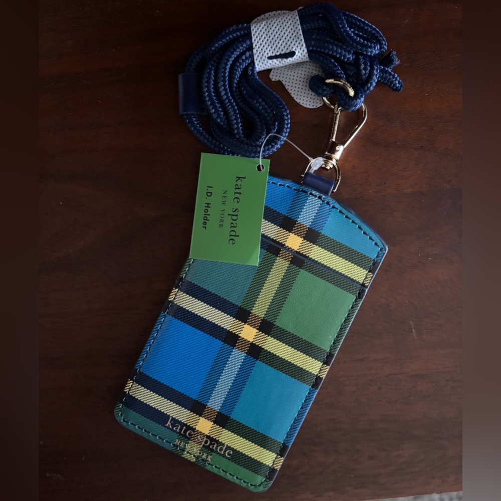 Kate Spade New York I.D. holder and lanyard in the Grand Plaid Duo pattern